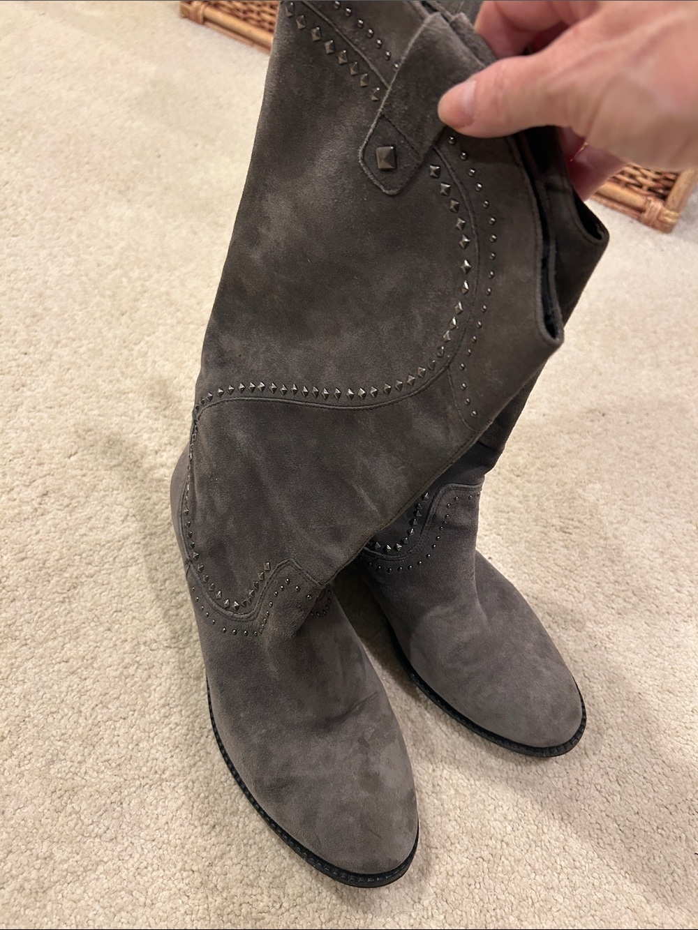 Makowsky Gray Suede Western Boots with Stud Detailing